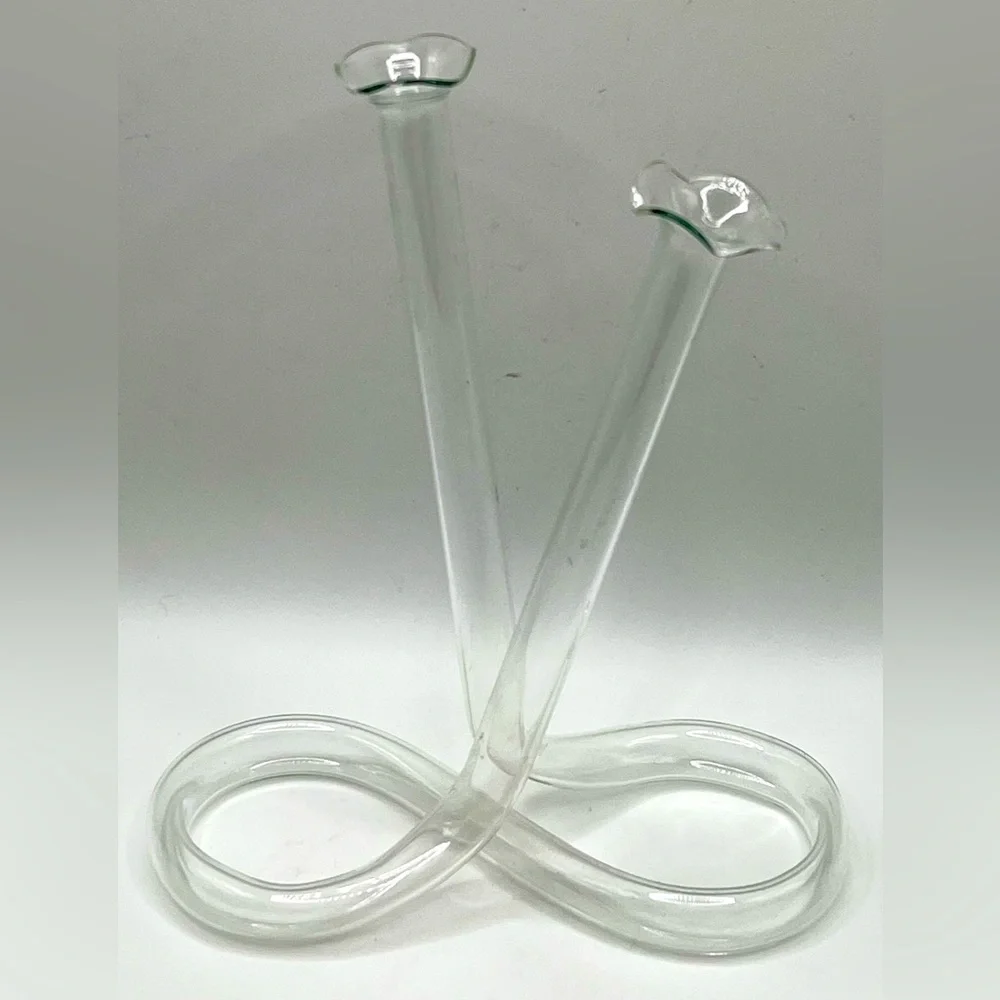 VTG Hand Blown Infinity Tube Clear Glass Double Bud Vase Ruffled Edges MCM